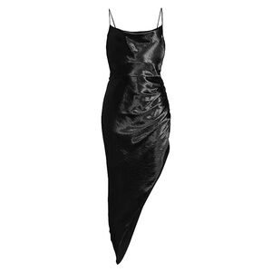 NWT Aiifos Martha Satin Asymmetric Midi-Dress Black Metallic